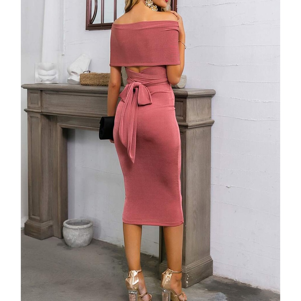 Pink Off the Shoulder Tie Back Two Piece Skirt Set - Picture 2 of 7